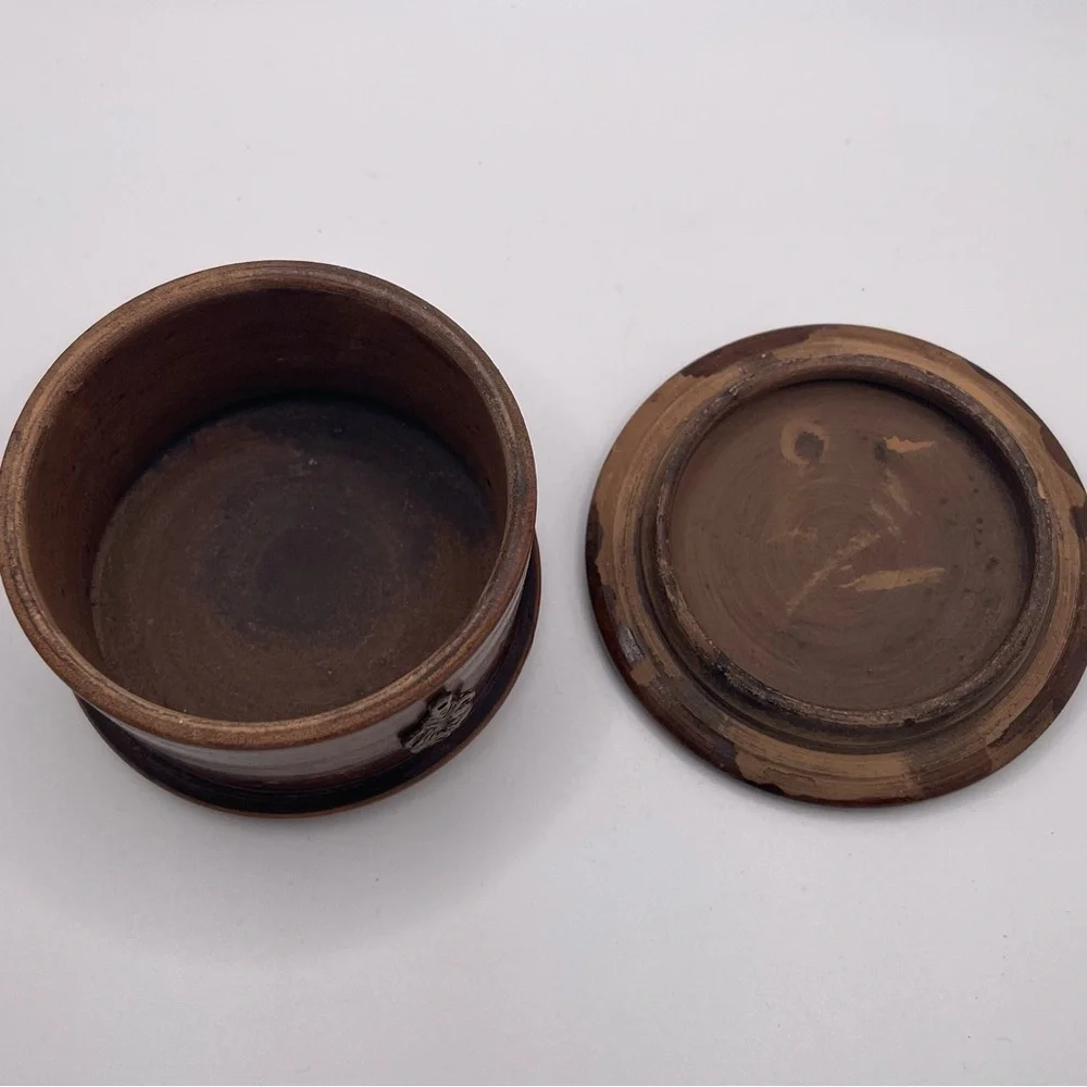 Round Clay Pottery  Trinket Box w/ Lid, Metal Tribal Inlays, Brown/Gold 3” x 2”